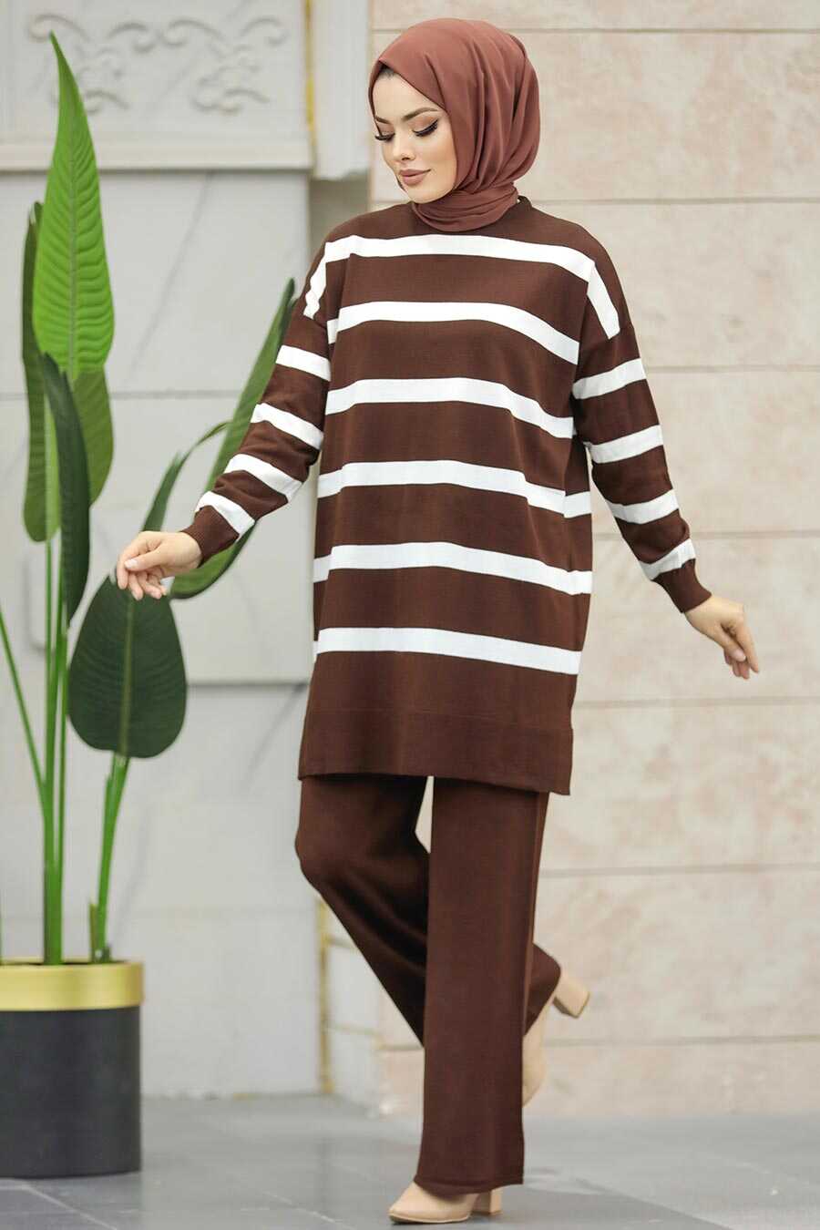 Neva Style - Dark Brown Sportswear Knitwear Dual Suit 3439KKH