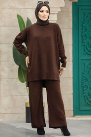 Neva Style - Dark Brown Women Knitwear Dual Dress 34341KKH - Thumbnail