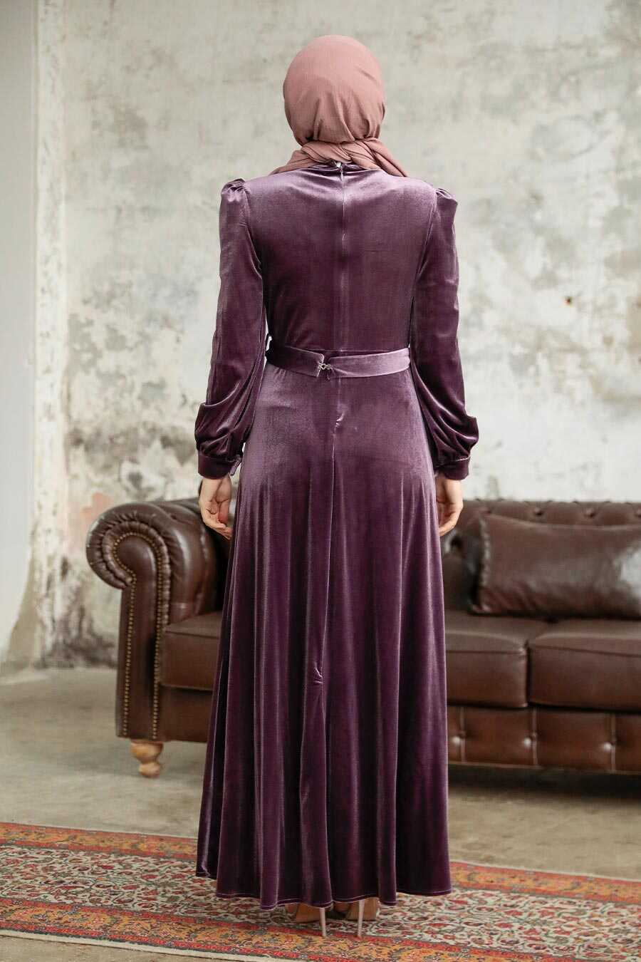 Neva Style - Dark Dusty Rose Velvet Hijab Dress 36910KGK