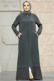  Dark Khaki Long Sleeve Turkısh Abaya 11055KHK - 1