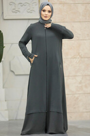  Dark Khaki Long Sleeve Turkısh Abaya 11055KHK - 2