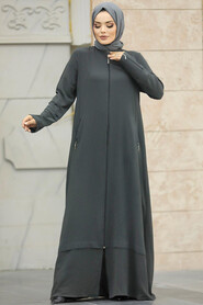  Dark Khaki Long Sleeve Turkısh Abaya 11055KHK - 3