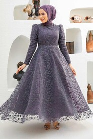  Dark Lila Turkish Hijab Wedding Dress 22510KLILA - 1