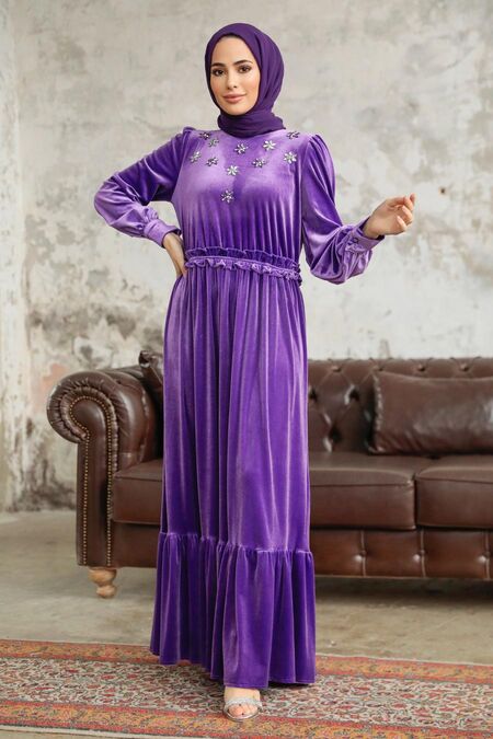  Dark Lila Velvet High Quality Dress 3713KLILA - NEVA STYLE