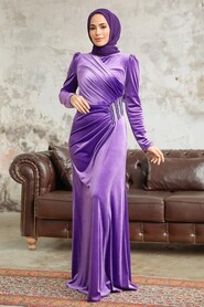 Neva Style - Dark Lila Velvet Hijab Dress 36891KLILA - Thumbnail