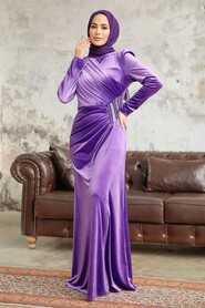  Dark Lila Velvet Hijab Dress 36891KLILA - 2