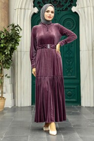  Dark Lila Velvet Hijab Dress 36971KLILA - NEVA STYLE