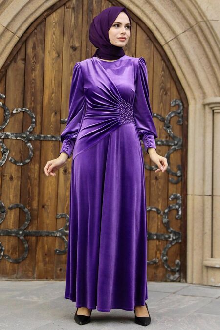 Neva Style - Purple Velvet Long Dress for Muslim Ladies 37291MOR 