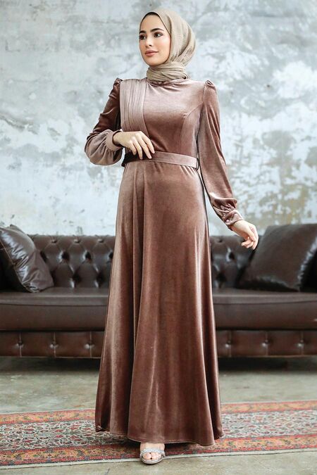  Dark Mink Velvet Hijab Dress 36910KV - NEVA STYLE