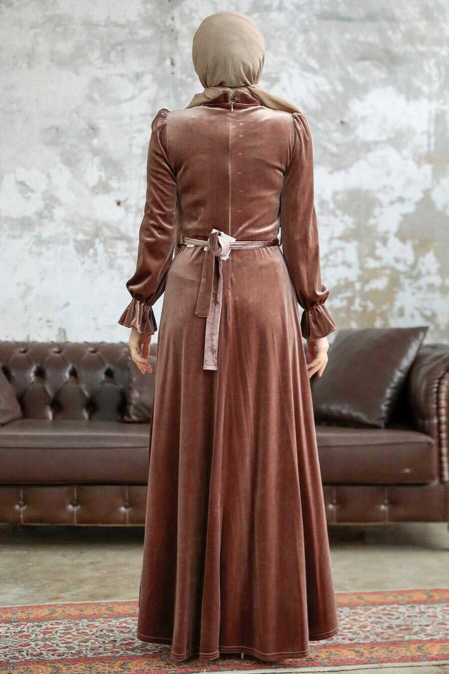 Neva Style - Dark Mink Velvet Hijab Maxi Dress 37091KV
