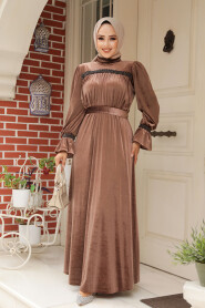  Dark Mink Velvet Long Dress for Muslim Ladies 37291KV - 3