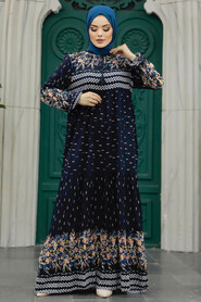 Neva Style - Dark Navy Blue Long Dress for Muslim Ladies 50095KL - Thumbnail