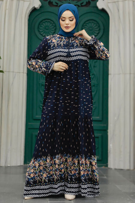  Dark Navy Blue Long Dress for Muslim Ladies 50095KL - NEVA STYLE