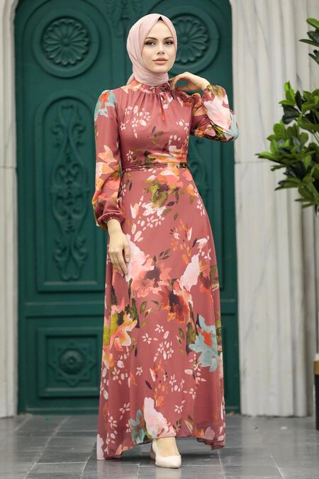  Dark Salmon Pink Hijab Turkish Dress 27942KSMN - NEVA STYLE