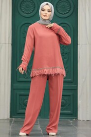  Dark Salmon Pink Islamic Clothing Dual Suit 40012KSMN - 1