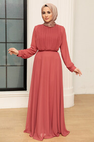  Dark Salmon Pink Turkish Hijab Evening Gown 3371KSMN - 1