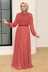  Dark Salmon Pink Turkish Hijab Evening Gown 3371KSMN - 2
