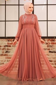  Dark Salmon Pink Turkish Modest Wedding Dress 22070KSMN - 1