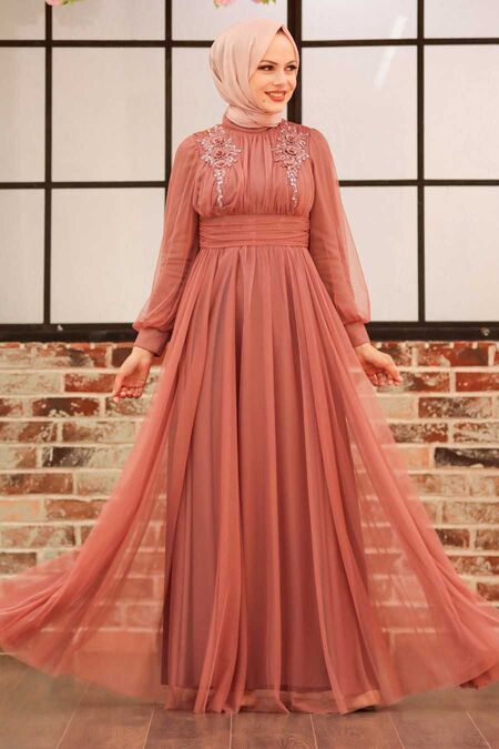  Dark Salmon Pink Turkish Modest Wedding Dress 22070KSMN - NEVA STYLE