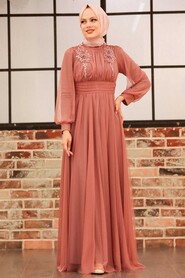  Dark Salmon Pink Turkish Modest Wedding Dress 22070KSMN - 2