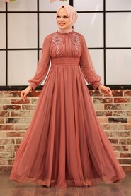  Dark Salmon Pink Turkish Modest Wedding Dress 22070KSMN - 3