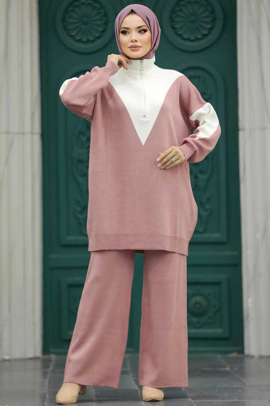 Neva Style - Dusty Rose Hijab Knitwear Dual Suit 3433GK