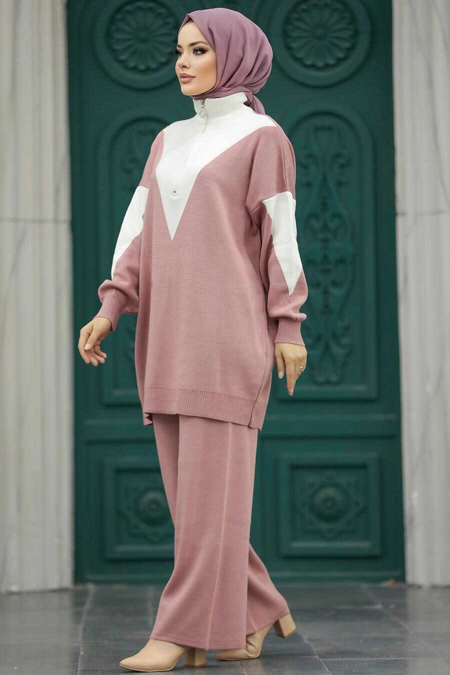 Neva Style - Dusty Rose Hijab Knitwear Dual Suit 3433GK