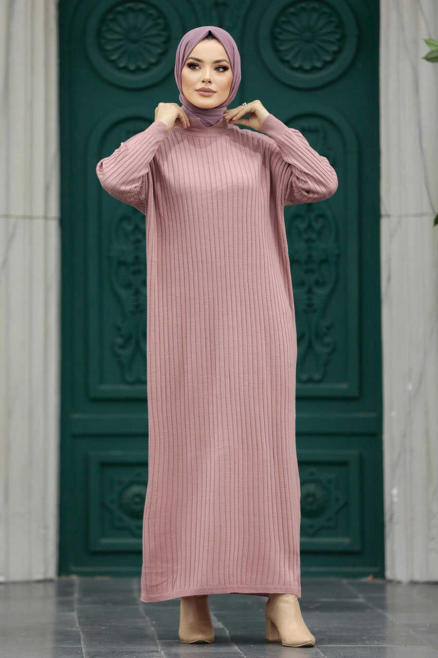 Neva Style - Dusty Rose Long Muslim Knitwear Dress 33671GK