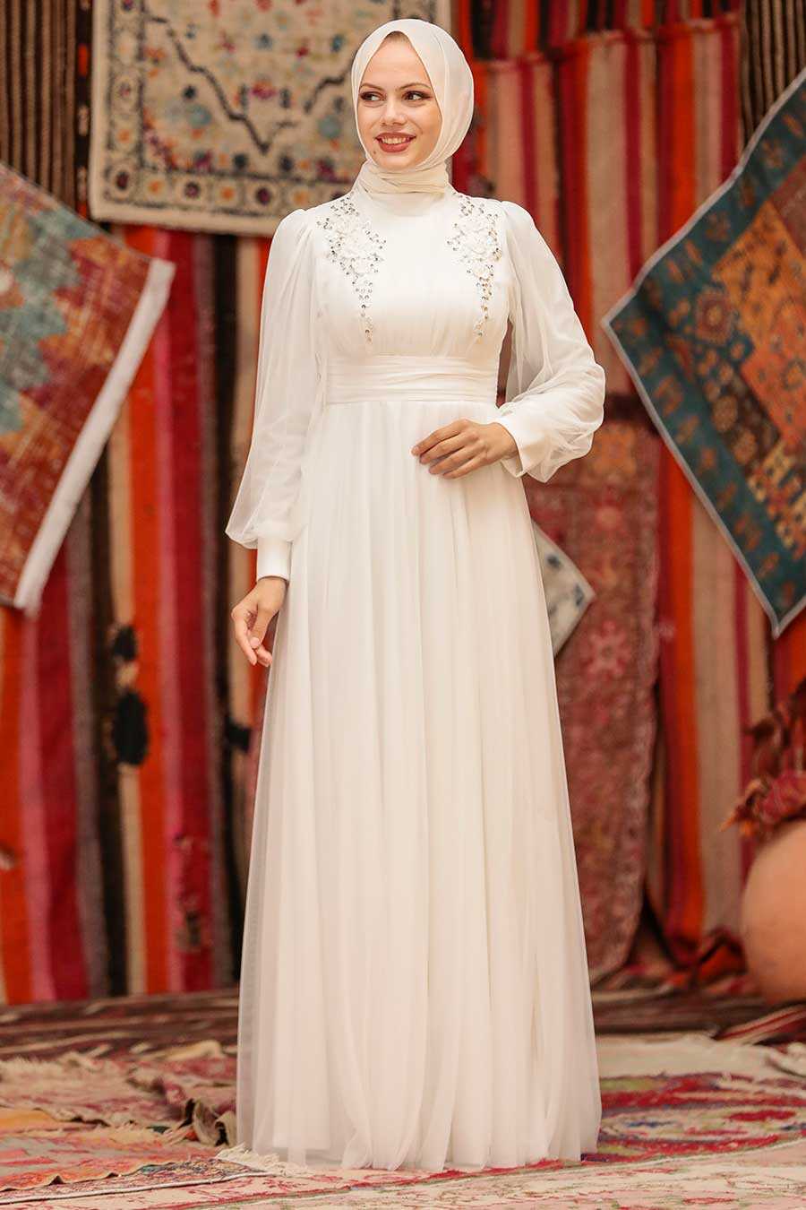 Neva Style - Ecru Hijab Turkish Modest Wedding Dress 22070E