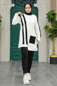  Ecru Hijab Sportswear Dual Suit 13590E - Thumbnail