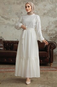  Ecru Islamic Clothing Dress 5877E - Thumbnail