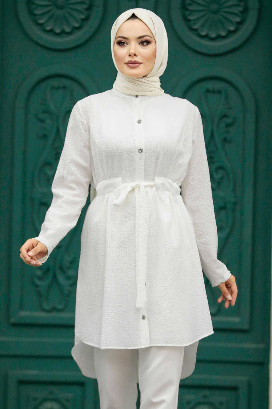 Neva Style - Ecru Islamic Clothing Tunic 4681E