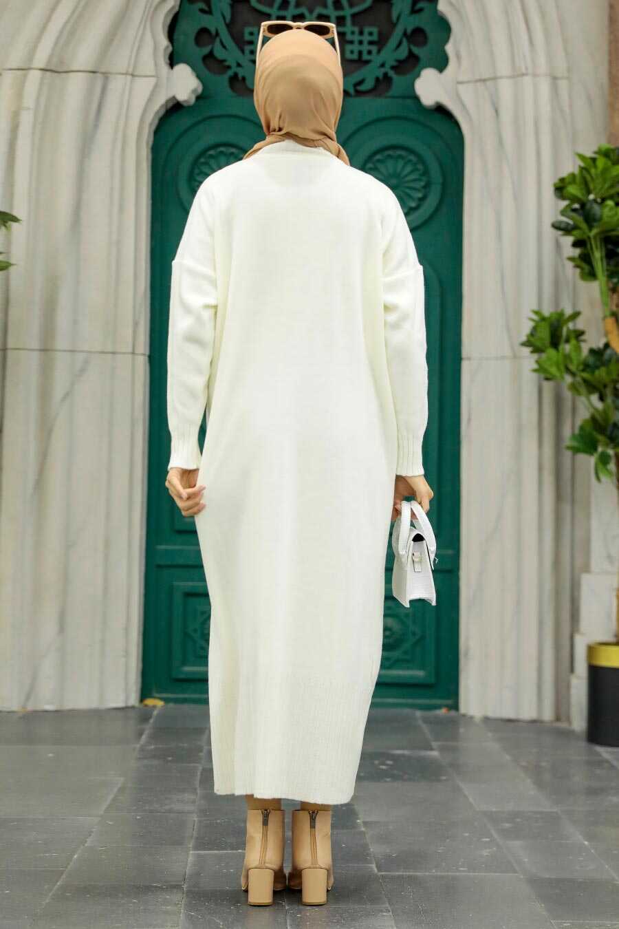 Neva Style - Ecru Long Dress for Muslim Ladies Knitwear Dress 3409E