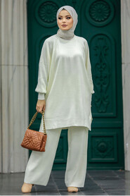 Neva Style - Ecru Modest Knitwear Dual Dress 34262E - Thumbnail