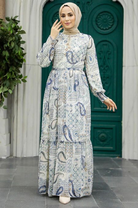  Ecru Muslim Long Dress Style 33561E - NEVA STYLE