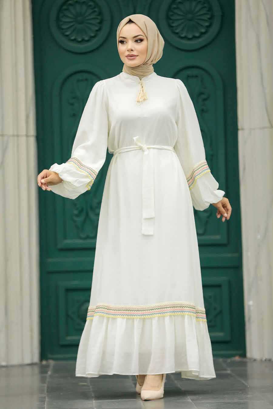 Ecru Muslim Long Dress Style 13491E - Neva-style.com