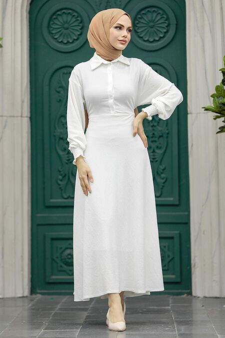  Ecru Muslim Long Dress Style 5858E - NEVA STYLE