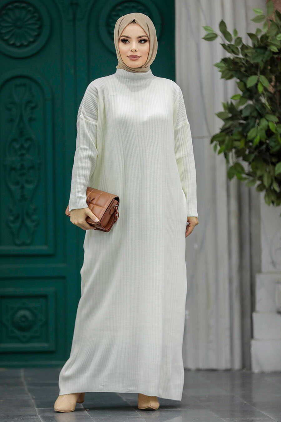Neva Style - Ecru Muslim Long Knitwear Dress Style 34150E