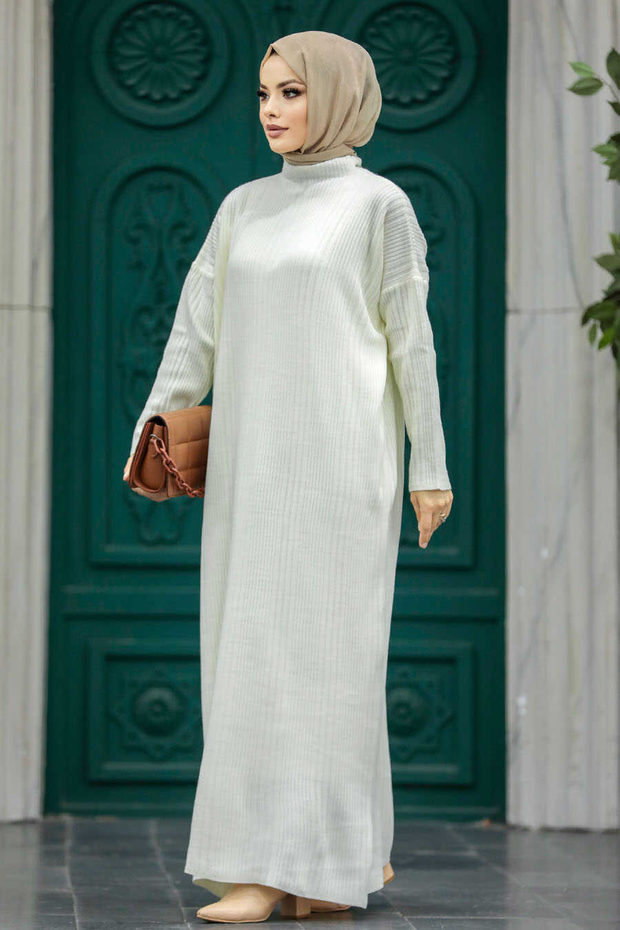 Neva Style - Ecru Muslim Long Knitwear Dress Style 34150E