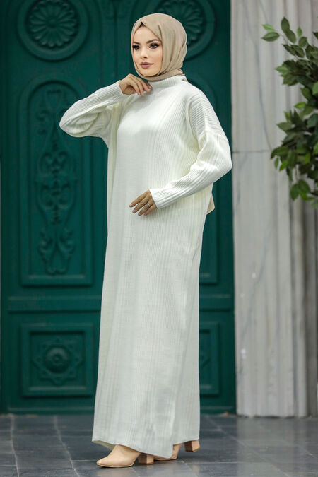  Ecru Muslim Long Knitwear Dress Style 34150E - NEVA STYLE