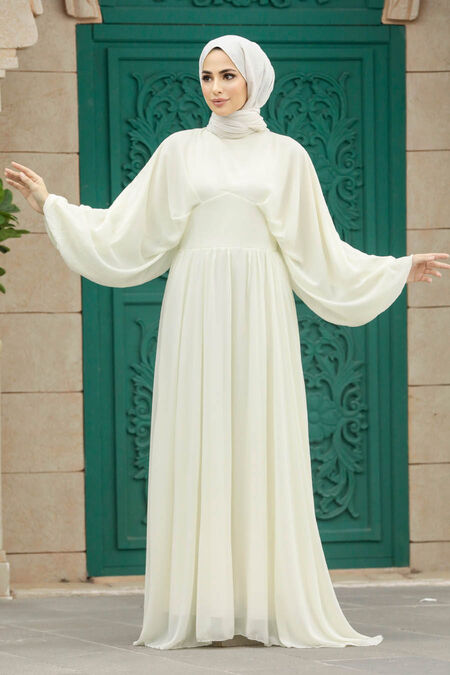  Ecru Turkish Hijab Engagement Gown 60681E - NEVA STYLE