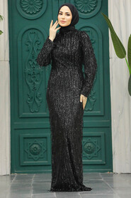  Elegant Black Modest Islamic Clothing Prom Dress 2314S - 1