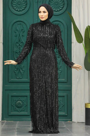  Elegant Black Modest Islamic Clothing Prom Dress 2314S - 2