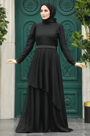 Neva Style -Elegant Black Muslim Fashion Evening Dress 22223S - Thumbnail
