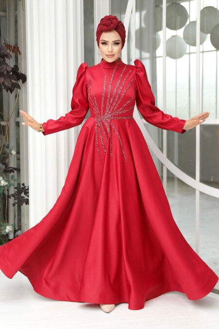 Elegant Claret Red Hijab Wedding Dress 2265BR - NEVA STYLE