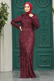 Neva Style - Elegant Claret Red Modest Islamic Clothing Prom Dress 2314BR - Thumbnail
