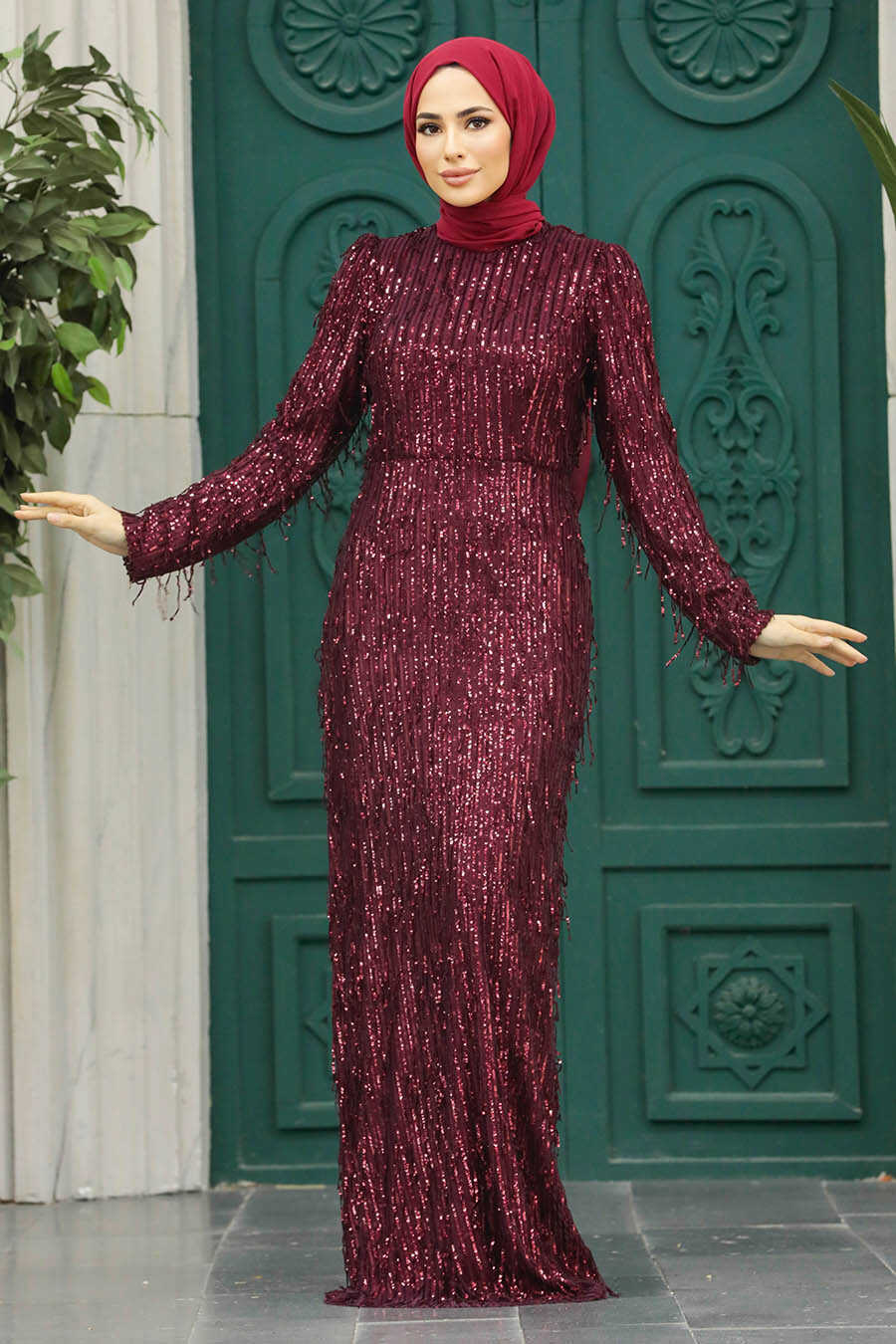 Neva Style - Elegant Claret Red Modest Islamic Clothing Prom Dress 2314BR