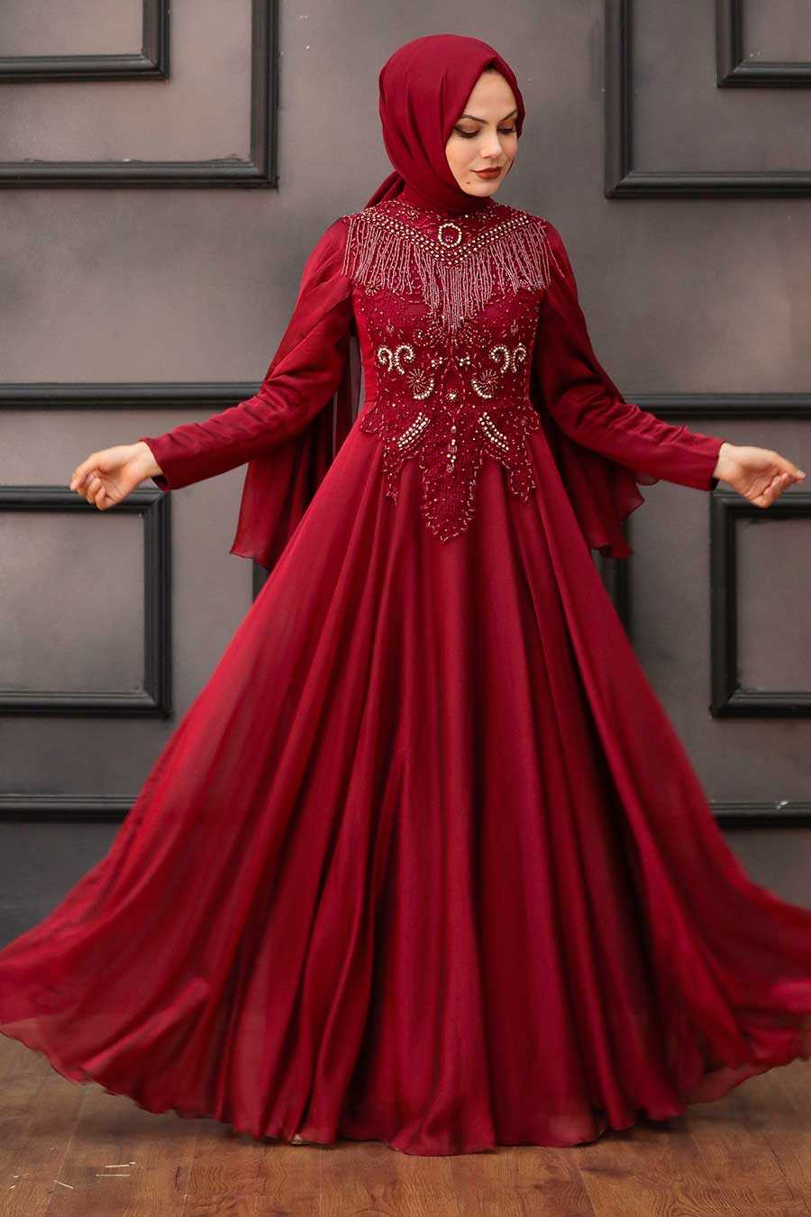 Elegant Claret Red Muslim Fashion Wedding Dress 21970BR - Neva-style.com