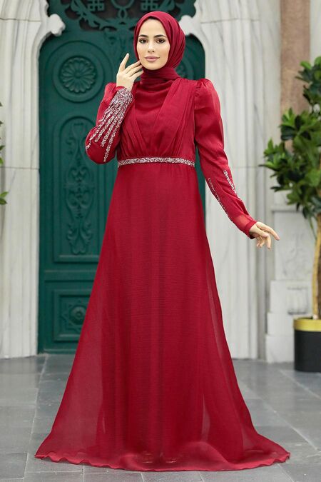  Elegant Claret Red Muslim Engagement Dress 25854BR - NEVA STYLE
