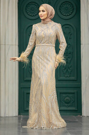 Neva Style - Elegant Gold Islamic Evening Dress 23061GOLD - Thumbnail